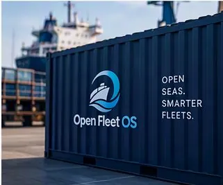 Open Fleet OS branding on a container at the quay